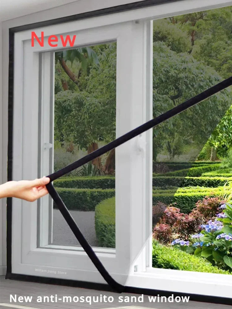 Black anti-mosquito window screen mesh strip on a white frame
