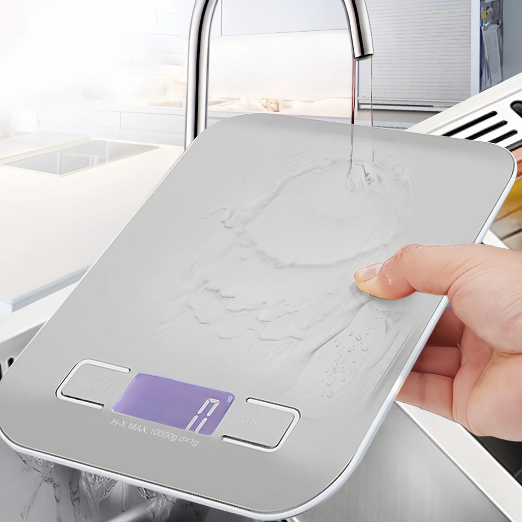 Waterproof stainless digital kitchen scale with LED display and water droplets