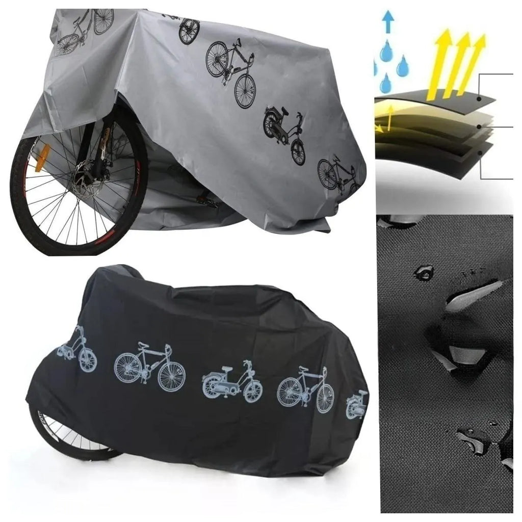 Grey bike rain cover with bicycle icons and side panel vent openings