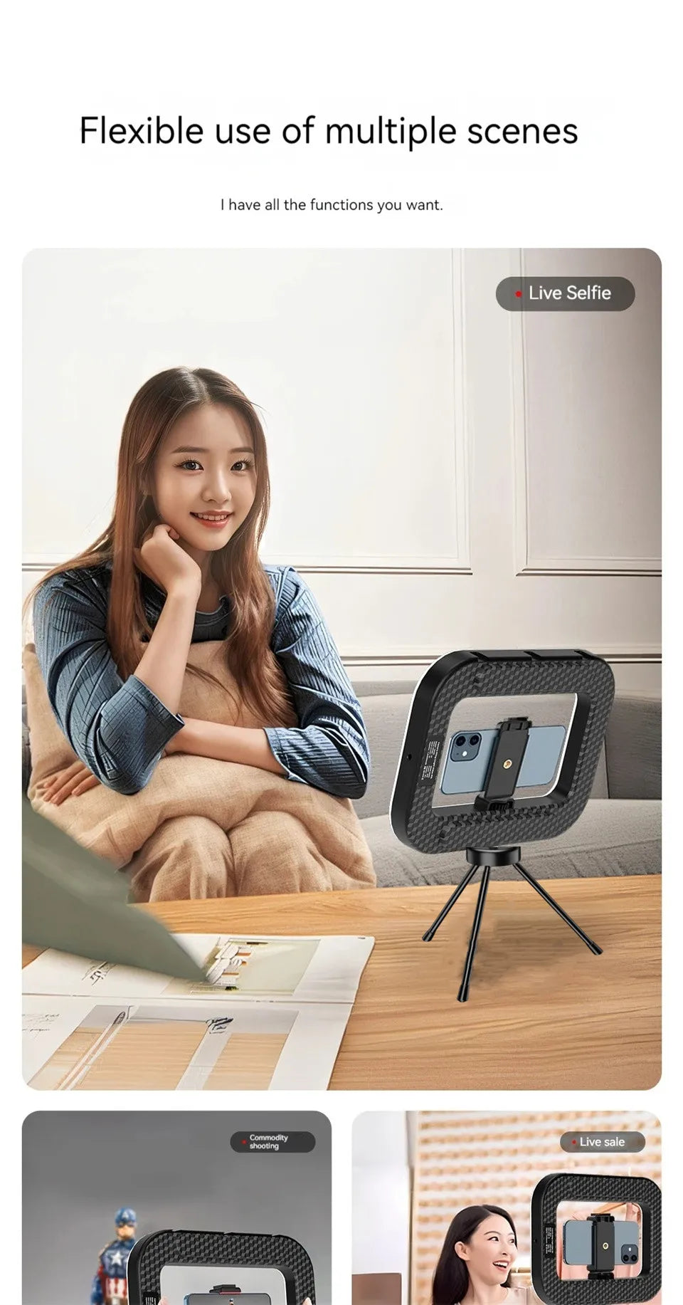 Portable LED fill light panel with phone holder on adjustable tripod stand