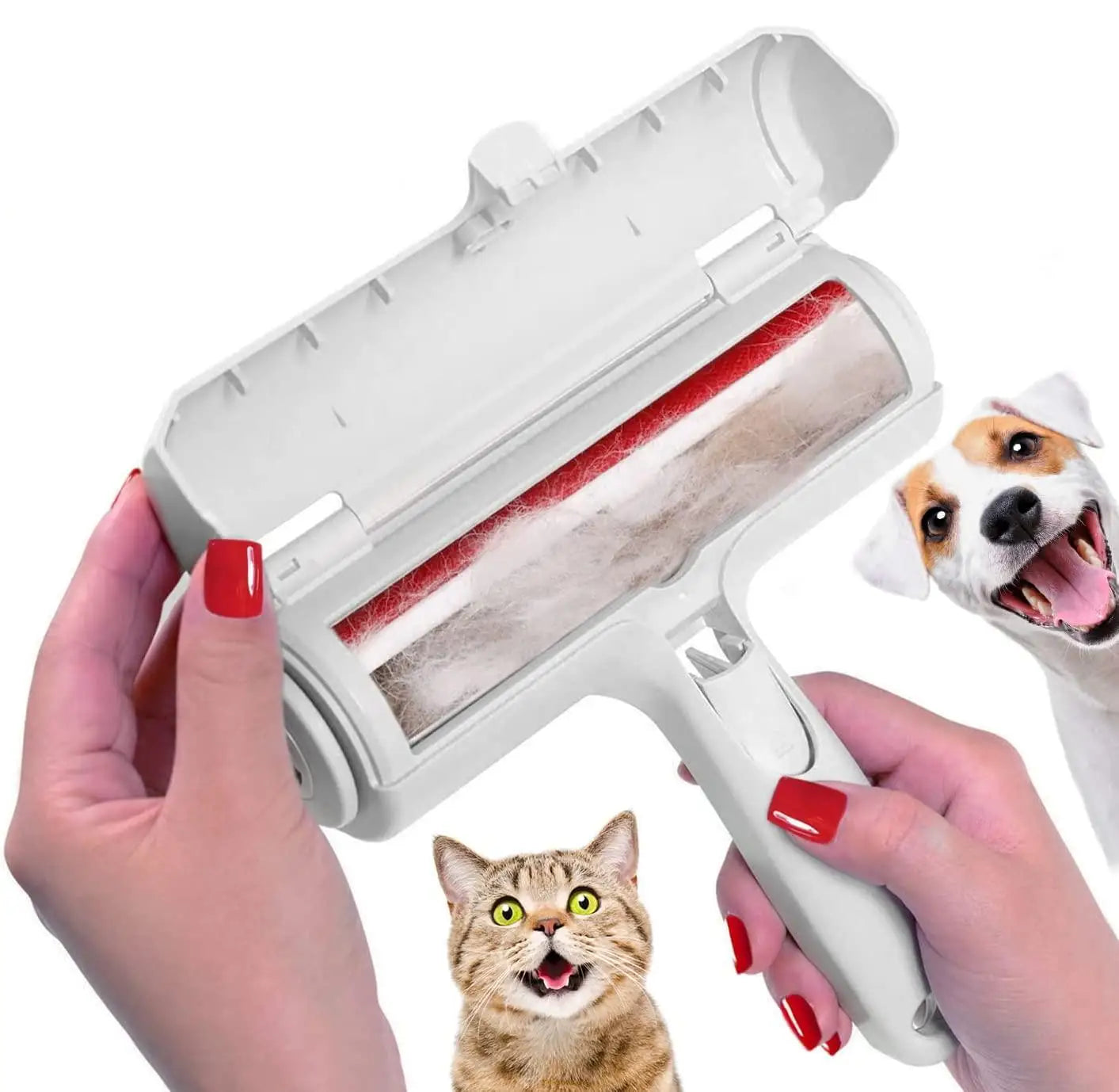 White self-cleaning pet hair remover roller with red grips, handheld.