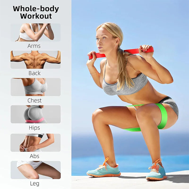 Green resistance loop band worn around hips for lower-body workout