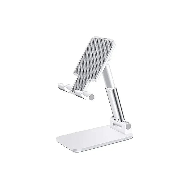 White adjustable phone stand with textured grip pad and foldable desk base