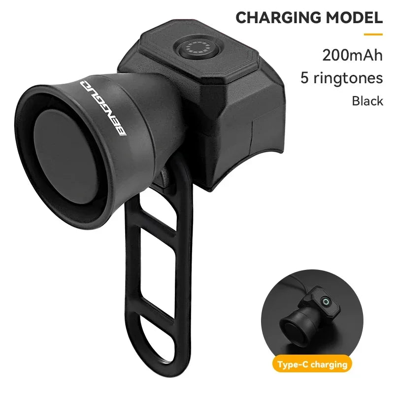 Black bike horn bell with 200mAh battery and 5 ring tones, Type-C charging