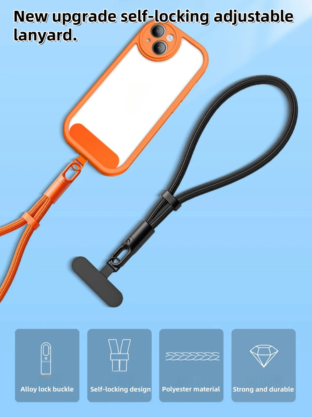 Orange polyester phone wrist lanyard with self-locking anti-drop strap and buckle