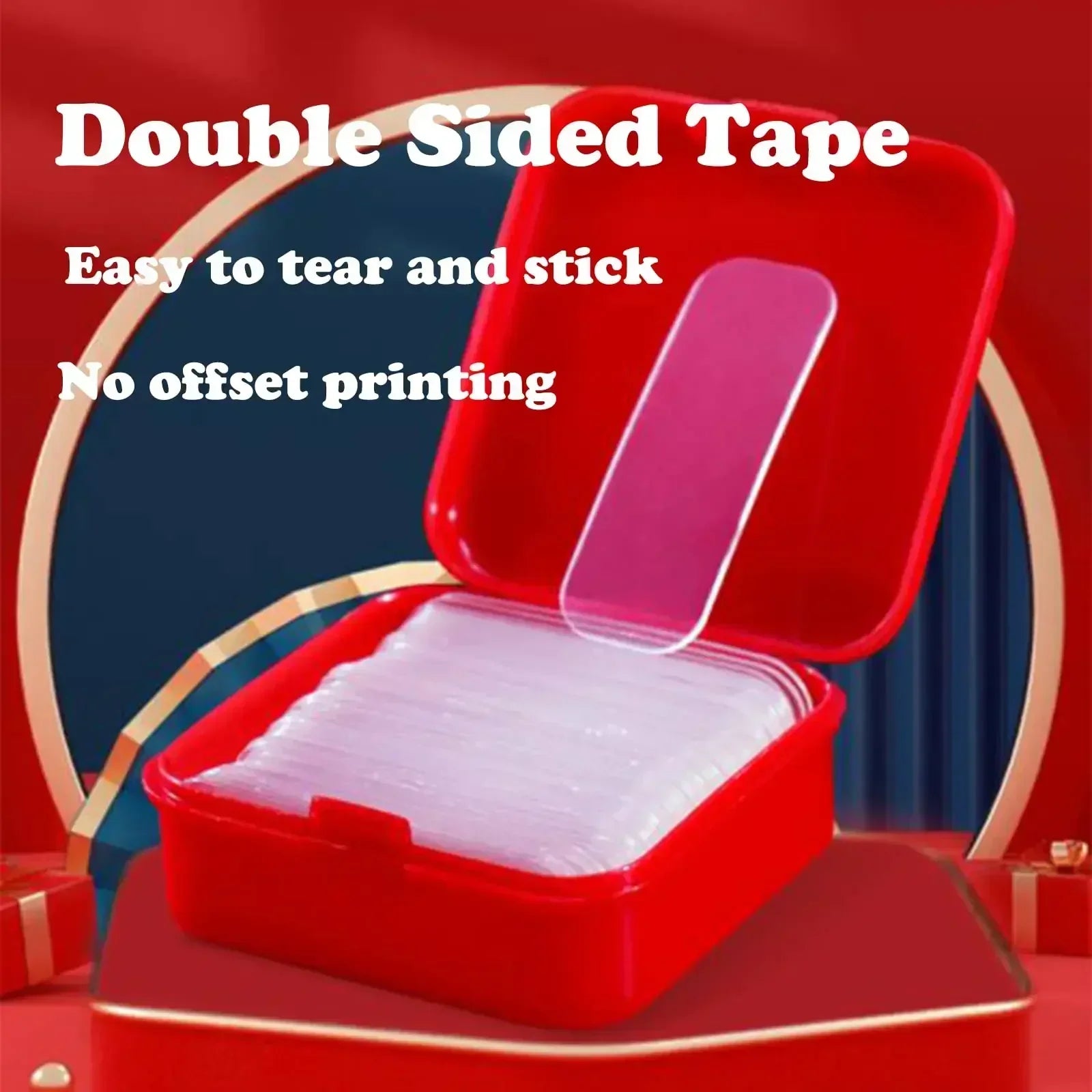 Red double-sided tape storage case with clear adhesive pads inside, angled view.