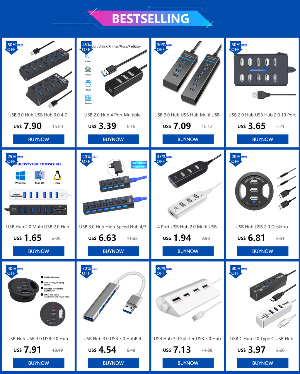 Shop listing graphic showing multiple USB hub models and prices on a grid