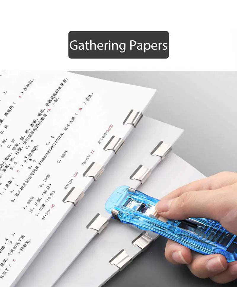 Mini reusable push stapler gathering papers with blue dispenser and clips