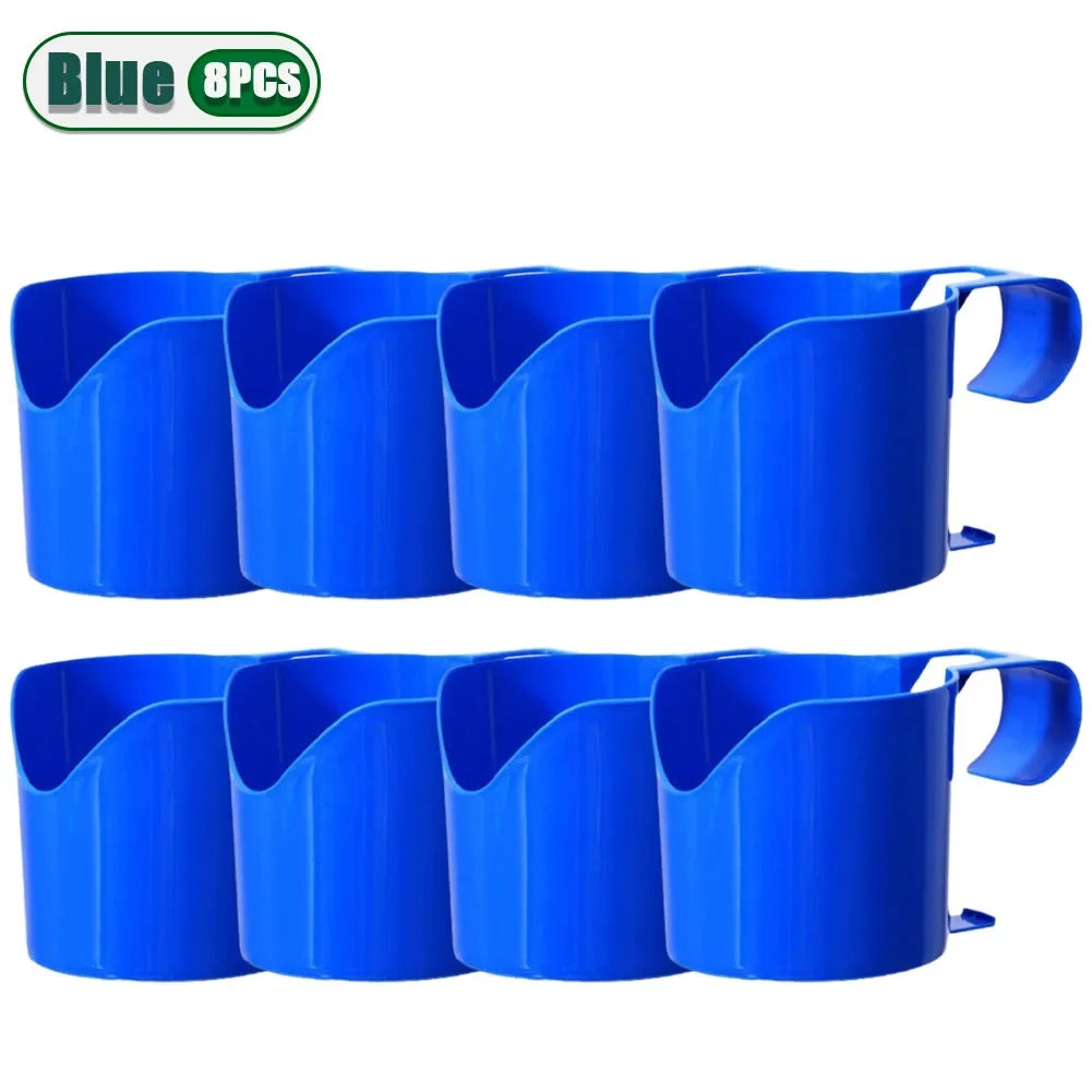 Blue plastic pool organizer holder set (8 pieces) with ground stakes