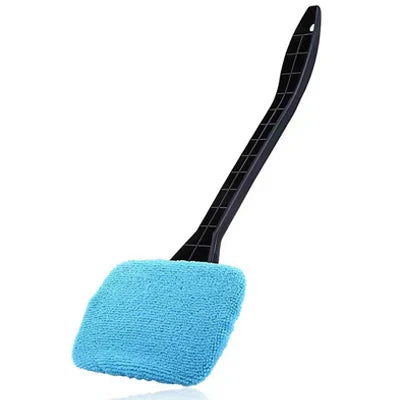 Car window cleaner brush with long handle and blue microfiber cleaning pad