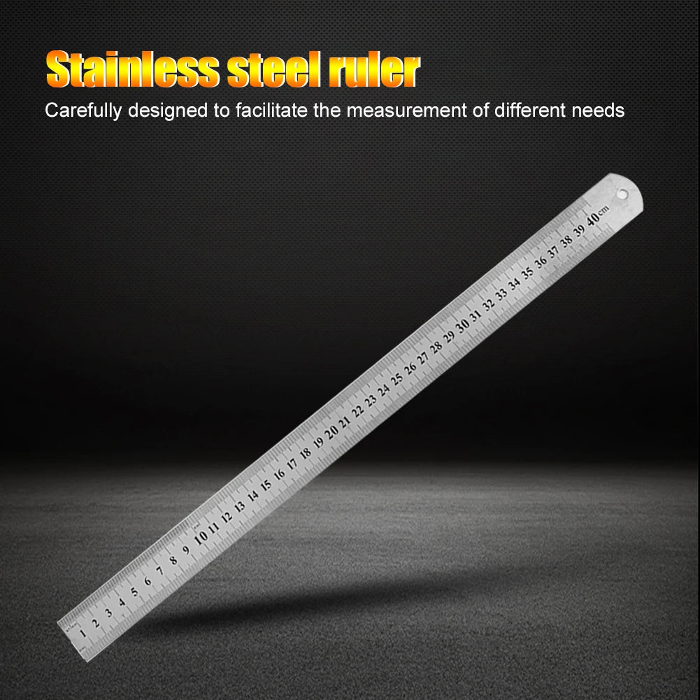Stainless steel straight ruler angled with printed centimeter and inch measurement scale