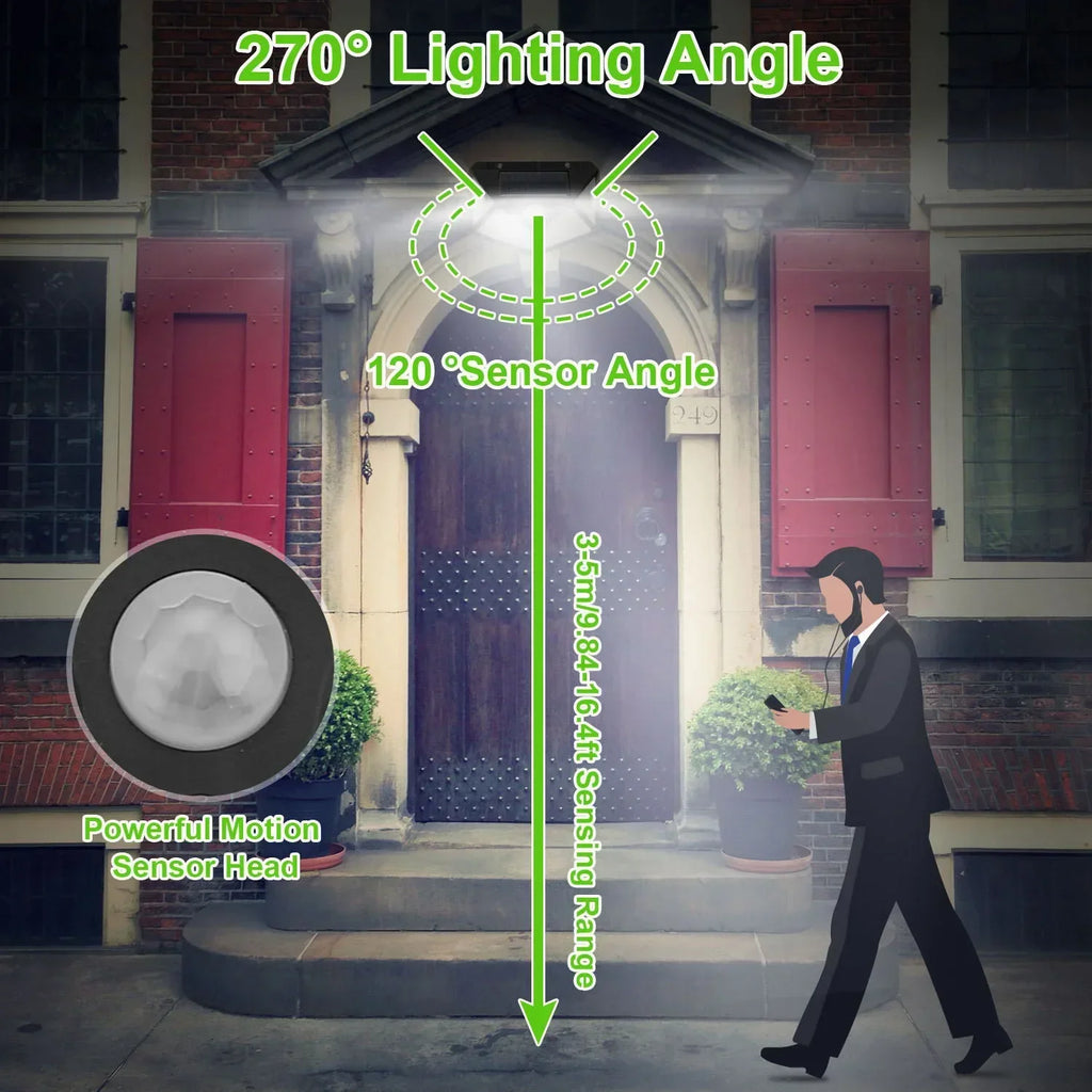 Outdoor solar motion sensor LED spotlight with wide 270° lighting angle, black lamp head