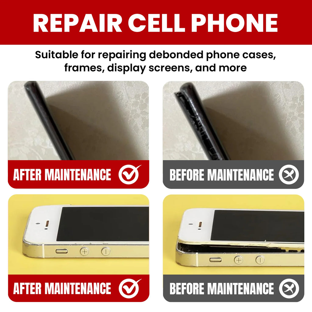 Cell phone screen repair adhesive application before-and-after graphics on phone back