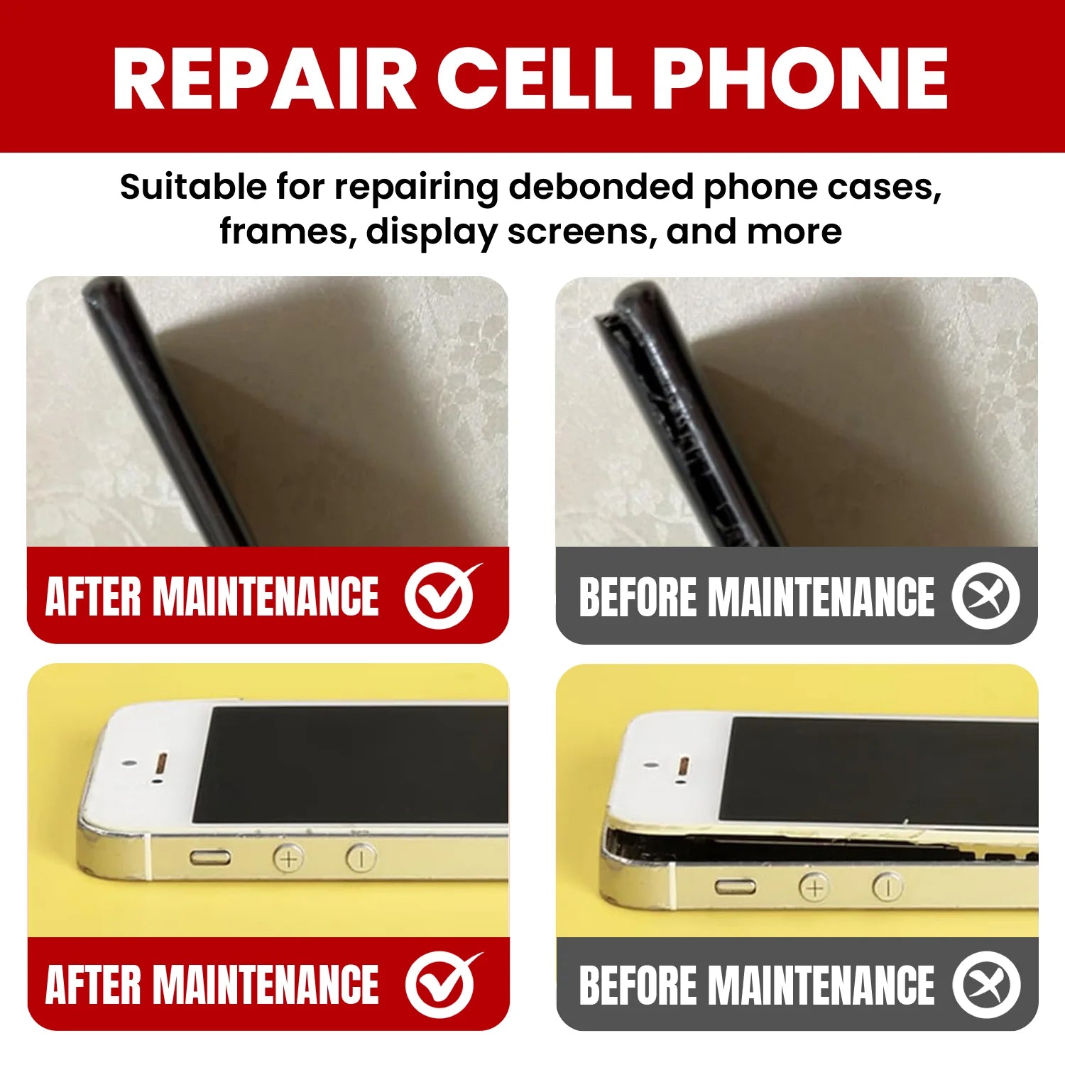 Cell phone screen repair adhesive application before-and-after graphics on phone back