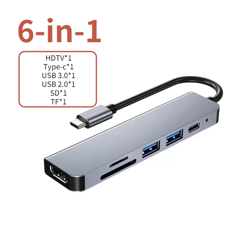 6-in-1 USB-C hub with HDMI, USB 3.0, USB 2.0, and SD/TF ports