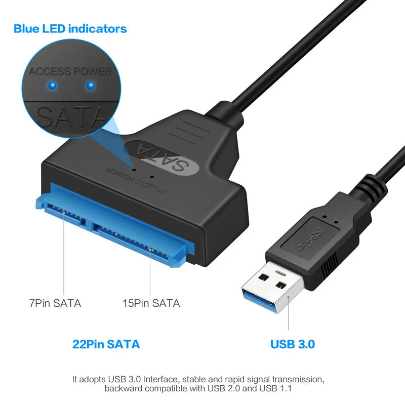 SATA to USB adapter cable showing 22-pin SATA port and USB 3.0 connector, blue LED
