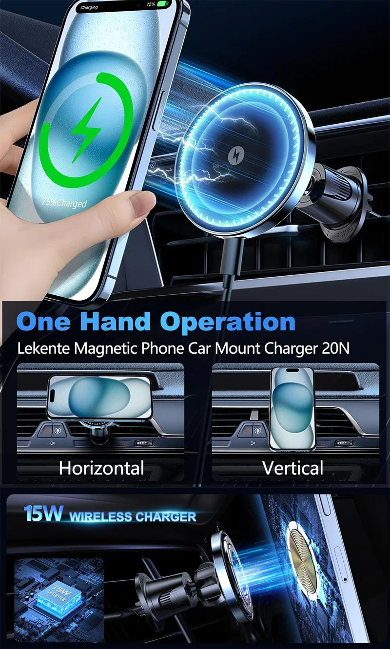Black magnetic wireless car charger mount holding a phone on an air vent