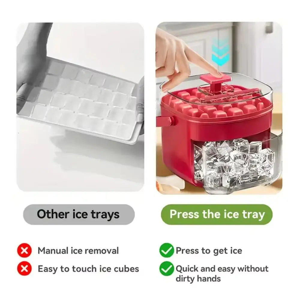 Ice cube maker press lever shown next to empty ice tray and bin