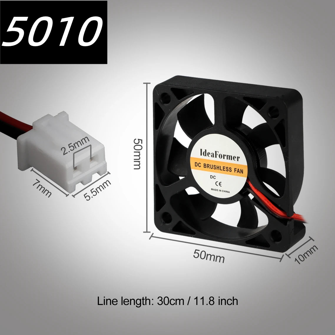 Brushless DC cooling fan, black 50x50x10mm 2-pin connector for 3D printer extruder