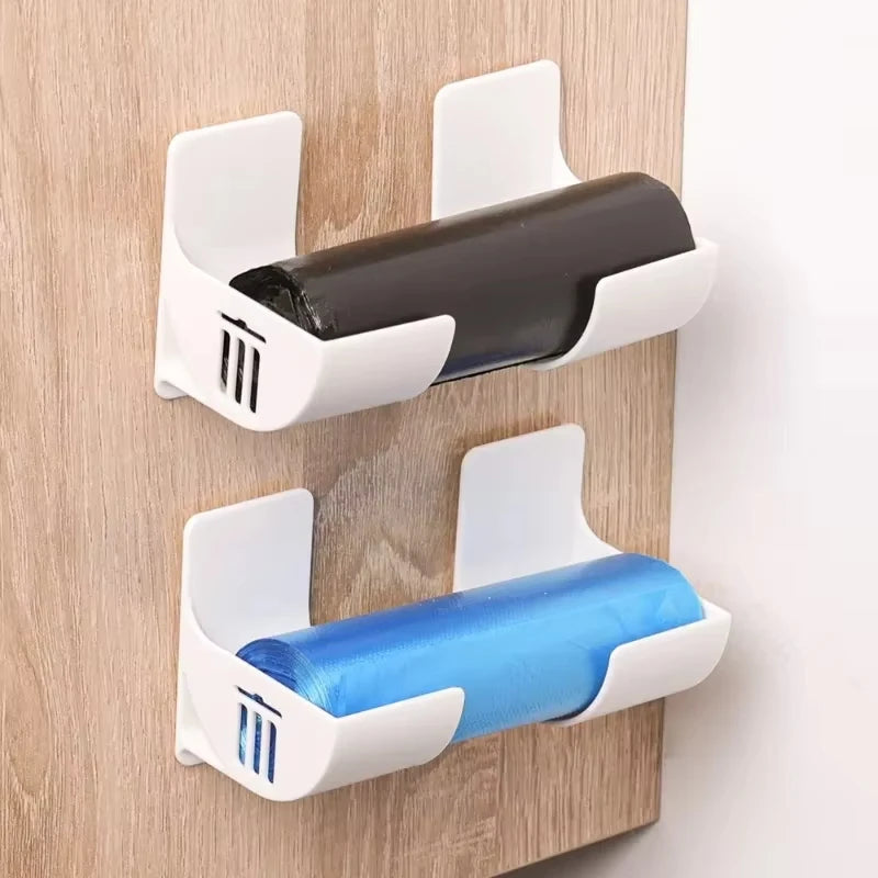 Wall-mounted trash bag holder set, white plastic rack holding black and blue bags