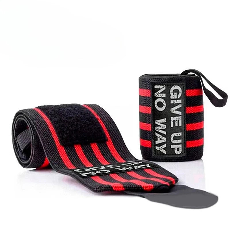 Wrist support brace wraps 2-pack, black with red stripe pattern and "GIVE UP NO WAY" text.