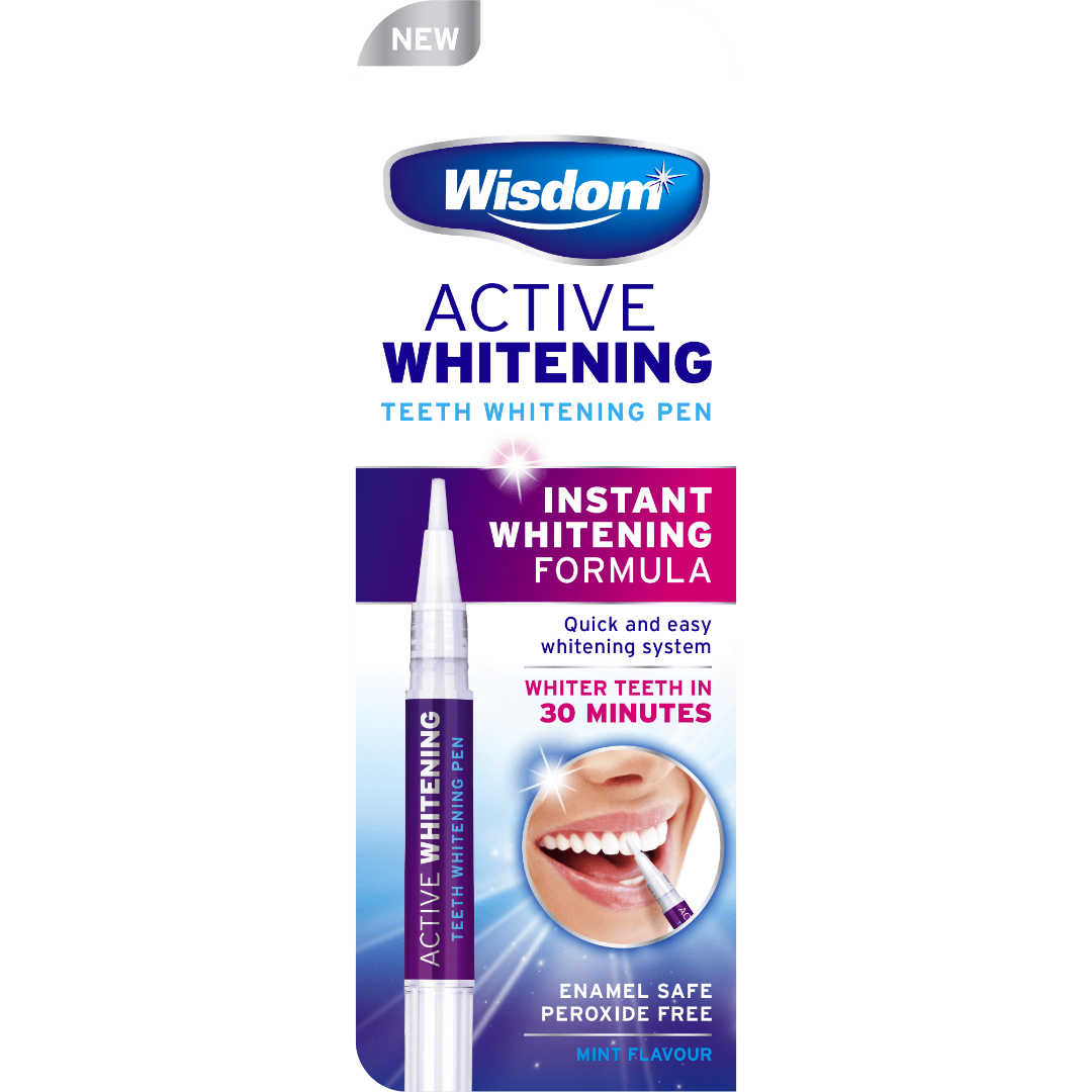 Wisdom Active Whitening teeth whitening pen with white applicator, blue purple box