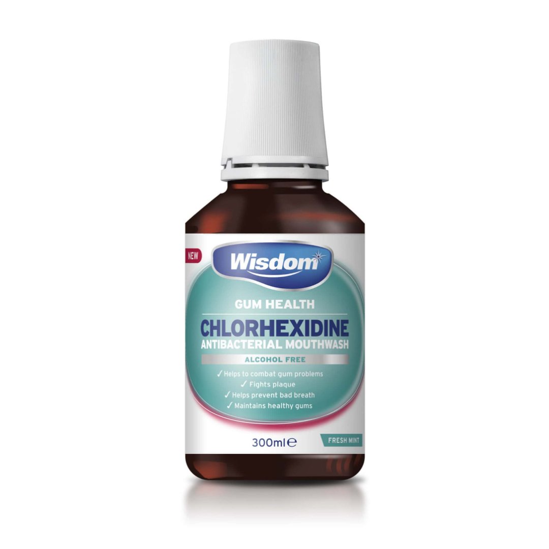 Wisdom chlorhexidine mouthwash bottle with mint label, 300 ml, white cap