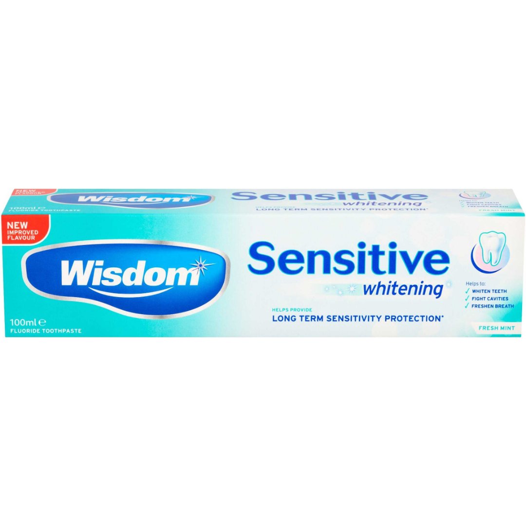 Wisdom Sensitive whitening toothpaste box, 100 ml, blue and white packaging.